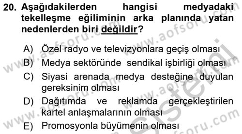 Medya Ekonomisi ve İşletmeciliği Dersi 2016 - 2017 Yılı (Vize) Ara Sınav Soruları 20. Soru