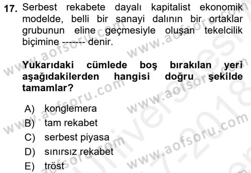Medya Ekonomisi ve İşletmeciliği Dersi 2017 - 2018 Yılı (Final) Dönem Sonu Sınav Soruları 17. Soru