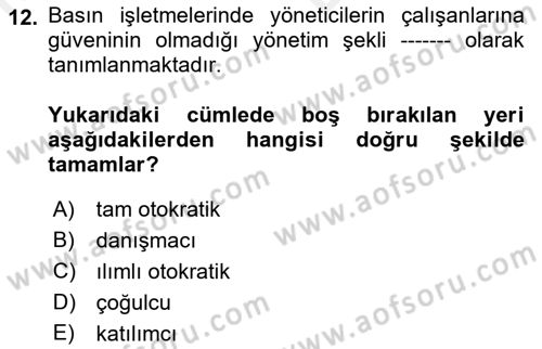 Medya Ekonomisi ve İşletmeciliği Dersi 2018 - 2019 Yılı (Vize) Ara Sınavı 12. Soru