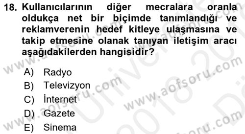 Medya Ekonomisi ve İşletmeciliği Dersi 2018 - 2019 Yılı (Vize) Ara Sınavı 18. Soru