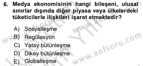 Medya Ekonomisi ve İşletmeciliği Dersi 2020 - 2021 Yılı Yaz Okulu Sınavı 6. Soru