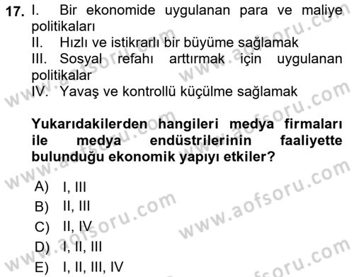 Medya Ekonomisi ve İşletmeciliği Dersi 2022 - 2023 Yılı Yaz Okulu Sınav Soruları 17. Soru
