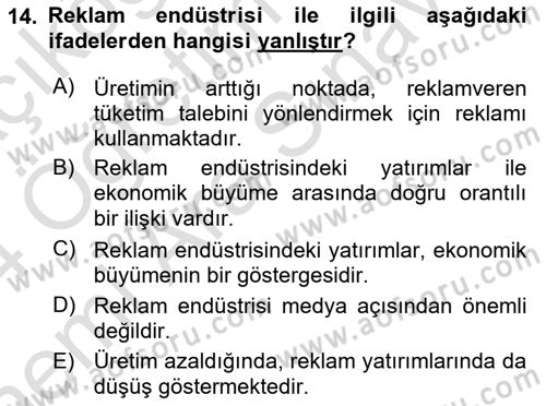 Medya Ekonomisi ve İşletmeciliği Dersi 2023 - 2024 Yılı (Vize) Ara Sınav Soruları 14. Soru