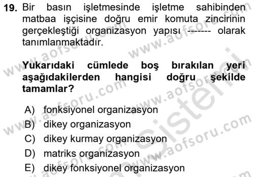 Medya Ekonomisi ve İşletmeciliği Dersi 2023 - 2024 Yılı (Vize) Ara Sınav Soruları 19. Soru
