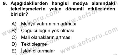 Medya Ekonomisi ve İşletmeciliği Dersi 2023 - 2024 Yılı (Vize) Ara Sınav Soruları 9. Soru