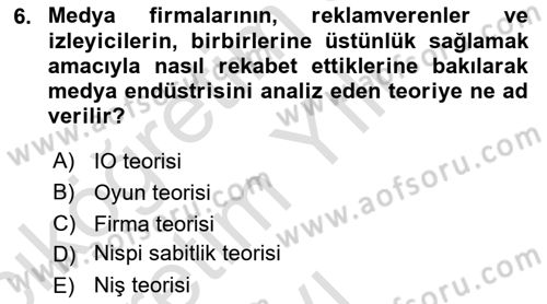 Medya Ekonomisi ve İşletmeciliği Dersi 2023 - 2024 Yılı Yaz Okulu Sınav Soruları 6. Soru