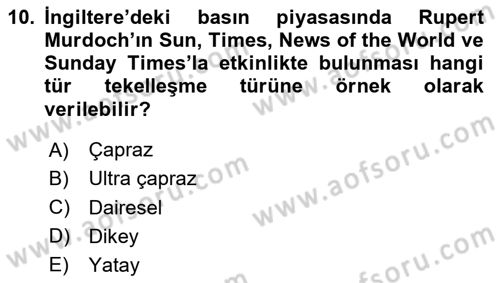 Medya Ekonomisi ve İşletmeciliği Dersi 2024 - 2025 Yılı (Vize) Ara Sınav Soruları 10. Soru