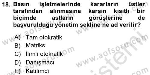 Medya Ekonomisi ve İşletmeciliği Dersi 2024 - 2025 Yılı (Vize) Ara Sınav Soruları 18. Soru