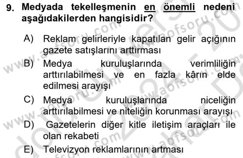 Medya Ekonomisi ve İşletmeciliği Dersi 2024 - 2025 Yılı (Vize) Ara Sınav Soruları 9. Soru