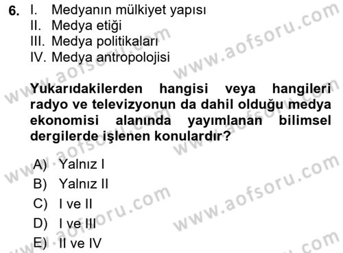 Medya Ekonomisi ve İşletmeciliği Dersi 2024 - 2025 Yılı (Final) Dönem Sonu Sınav Soruları 6. Soru