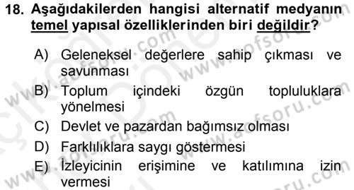 Medya Siyaset Kültür Dersi 2015 - 2016 Yılı (Vize) Ara Sınav Soruları 18. Soru
