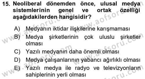 Medya Siyaset Kültür Dersi 2015 - 2016 Yılı Tek Ders Sınav Soruları 15. Soru