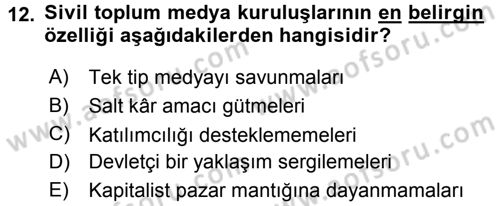 Medya Siyaset Kültür Dersi 2016 - 2017 Yılı 3 Ders Sınav Soruları 12. Soru
