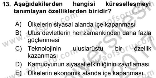 Medya Siyaset Kültür Dersi 2016 - 2017 Yılı (Vize) Ara Sınav Soruları 13. Soru