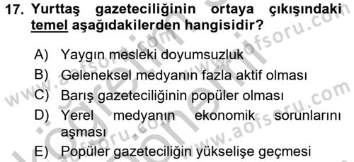 Medya Siyaset Kültür Dersi 2016 - 2017 Yılı (Vize) Ara Sınavı 17. Soru