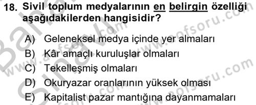 Medya Siyaset Kültür Dersi 2016 - 2017 Yılı (Vize) Ara Sınav Soruları 18. Soru