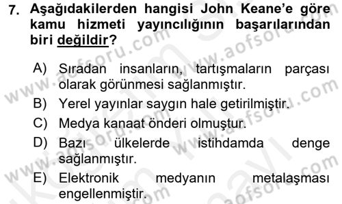 Medya Siyaset Kültür Dersi 2017 - 2018 Yılı (Vize) Ara Sınav Soruları 7. Soru