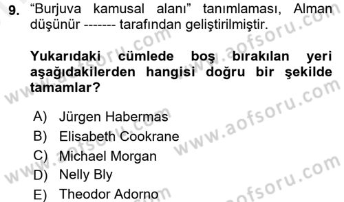Medya Siyaset Kültür Dersi 2017 - 2018 Yılı (Vize) Ara Sınav Soruları 9. Soru