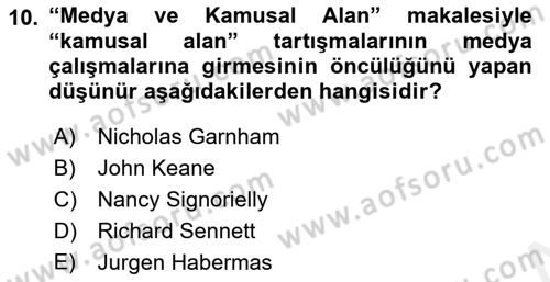 Medya Siyaset Kültür Dersi 2018 - 2019 Yılı (Vize) Ara Sınav Soruları 10. Soru
