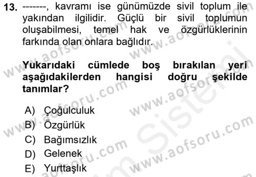 Medya Siyaset Kültür Dersi 2018 - 2019 Yılı (Vize) Ara Sınav Soruları 13. Soru