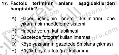 Medya Siyaset Kültür Dersi 2018 - 2019 Yılı Yaz Okulu Sınav Soruları 17. Soru
