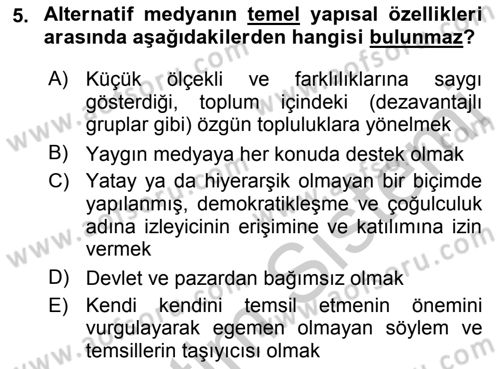 Medya Siyaset Kültür Dersi 2018 - 2019 Yılı Yaz Okulu Sınav Soruları 5. Soru
