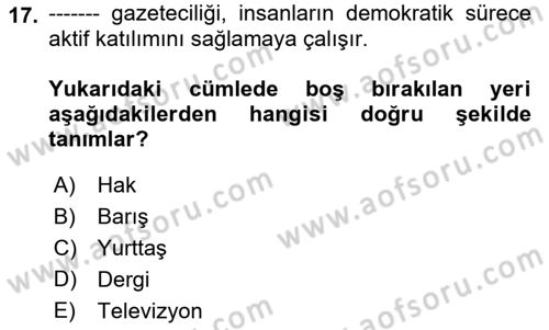 Medya Siyaset Kültür Dersi 2021 - 2022 Yılı (Vize) Ara Sınav Soruları 17. Soru