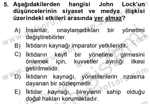 Medya Siyaset Kültür Dersi 2021 - 2022 Yılı (Vize) Ara Sınav Soruları 5. Soru