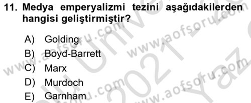Medya Siyaset Kültür Dersi 2021 - 2022 Yılı Yaz Okulu Sınav Soruları 11. Soru
