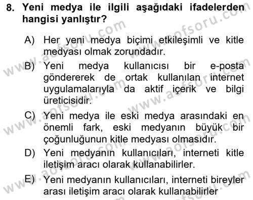 Medya Siyaset Kültür Dersi 2023 - 2024 Yılı (Final) Dönem Sonu Sınav Soruları 8. Soru