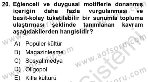 Medya Siyaset Kültür Dersi 2023 - 2024 Yılı Yaz Okulu Sınav Soruları 20. Soru