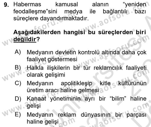Medya Siyaset Kültür Dersi 2024 - 2025 Yılı (Vize) Ara Sınav Soruları 9. Soru