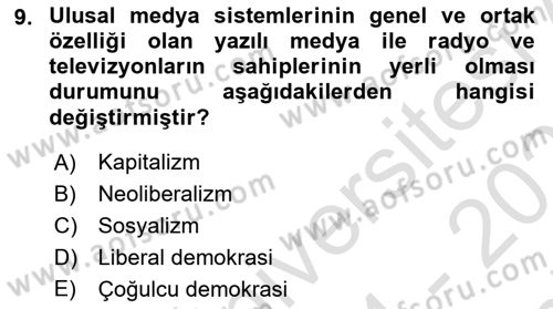 Medya Siyaset Kültür Dersi 2024 - 2025 Yılı (Final) Dönem Sonu Sınav Soruları 9. Soru