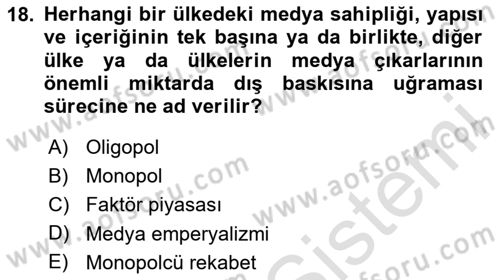Medya Siyaset Kültür Dersi 2024 - 2025 Yılı Yaz Okulu Sınav Soruları 18. Soru