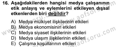 Medya ve Etik Dersi 2012 - 2013 Yılı (Vize) Ara Sınav Soruları 16. Soru