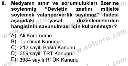 Medya ve Etik Dersi 2013 - 2014 Yılı Tek Ders Sınav Soruları 8. Soru