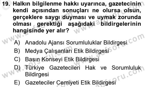 Medya ve Etik Dersi 2015 - 2016 Yılı (Vize) Ara Sınav Soruları 19. Soru