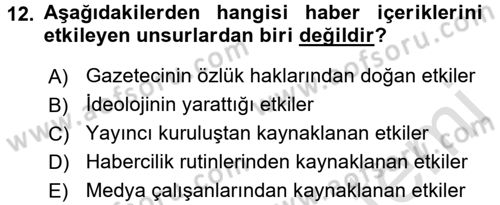 Medya ve Etik Dersi 2015 - 2016 Yılı (Final) Dönem Sonu Sınav Soruları 12. Soru