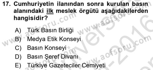 Medya ve Etik Dersi 2015 - 2016 Yılı (Final) Dönem Sonu Sınav Soruları 17. Soru