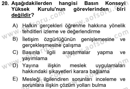 Medya ve Etik Dersi 2015 - 2016 Yılı (Final) Dönem Sonu Sınav Soruları 20. Soru