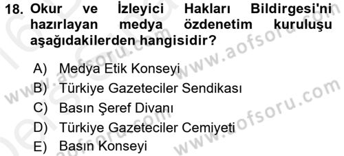 Medya ve Etik Dersi 2015 - 2016 Yılı Tek Ders Sınavı 18. Soru