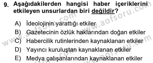 Medya ve Etik Dersi 2015 - 2016 Yılı Tek Ders Sınav Soruları 9. Soru