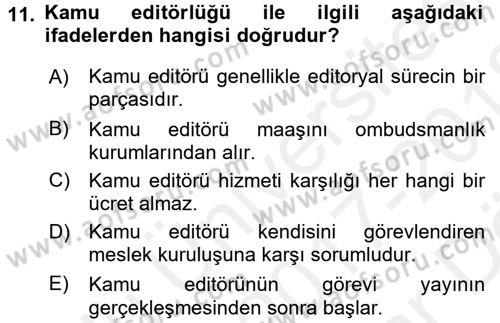 Medya ve Etik Dersi 2017 - 2018 Yılı (Vize) Ara Sınav Soruları 11. Soru