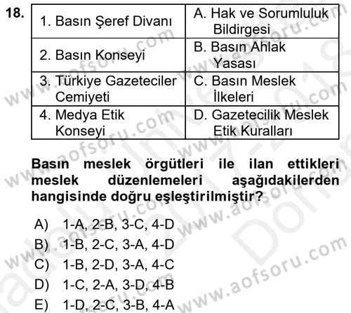 Medya ve Etik Dersi 2017 - 2018 Yılı (Final) Dönem Sonu Sınav Soruları 18. Soru
