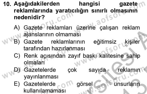 Medya ve Reklam Dersi 2012 - 2013 Yılı (Final) Dönem Sonu Sınav Soruları 10. Soru