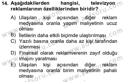 Medya ve Reklam Dersi 2012 - 2013 Yılı (Final) Dönem Sonu Sınav Soruları 14. Soru