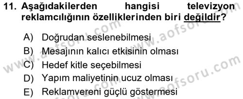 Medya ve Reklam Dersi 2015 - 2016 Yılı (Final) Dönem Sonu Sınav Soruları 11. Soru
