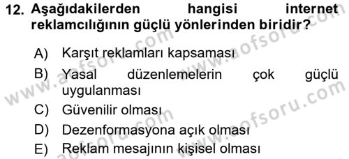 Medya ve Reklam Dersi 2015 - 2016 Yılı (Final) Dönem Sonu Sınav Soruları 12. Soru