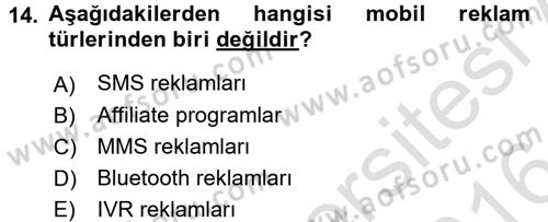 Medya ve Reklam Dersi 2015 - 2016 Yılı (Final) Dönem Sonu Sınav Soruları 14. Soru