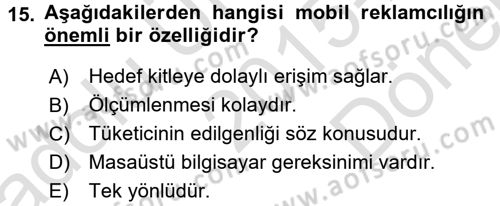 Medya ve Reklam Dersi 2015 - 2016 Yılı (Final) Dönem Sonu Sınav Soruları 15. Soru